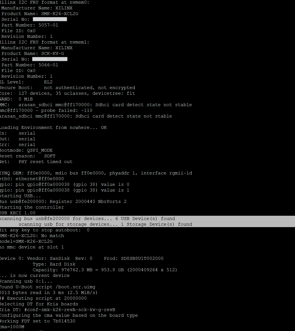 CLI output from KV260 serial showing a USB device has been detected